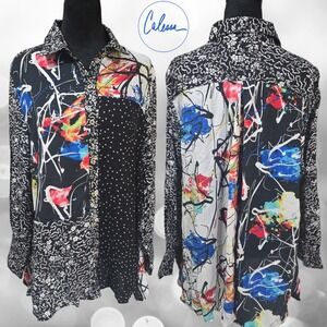 Calessa Women's Mixed Media Patchwork Abstract Button Up Shirt Black Multi XL